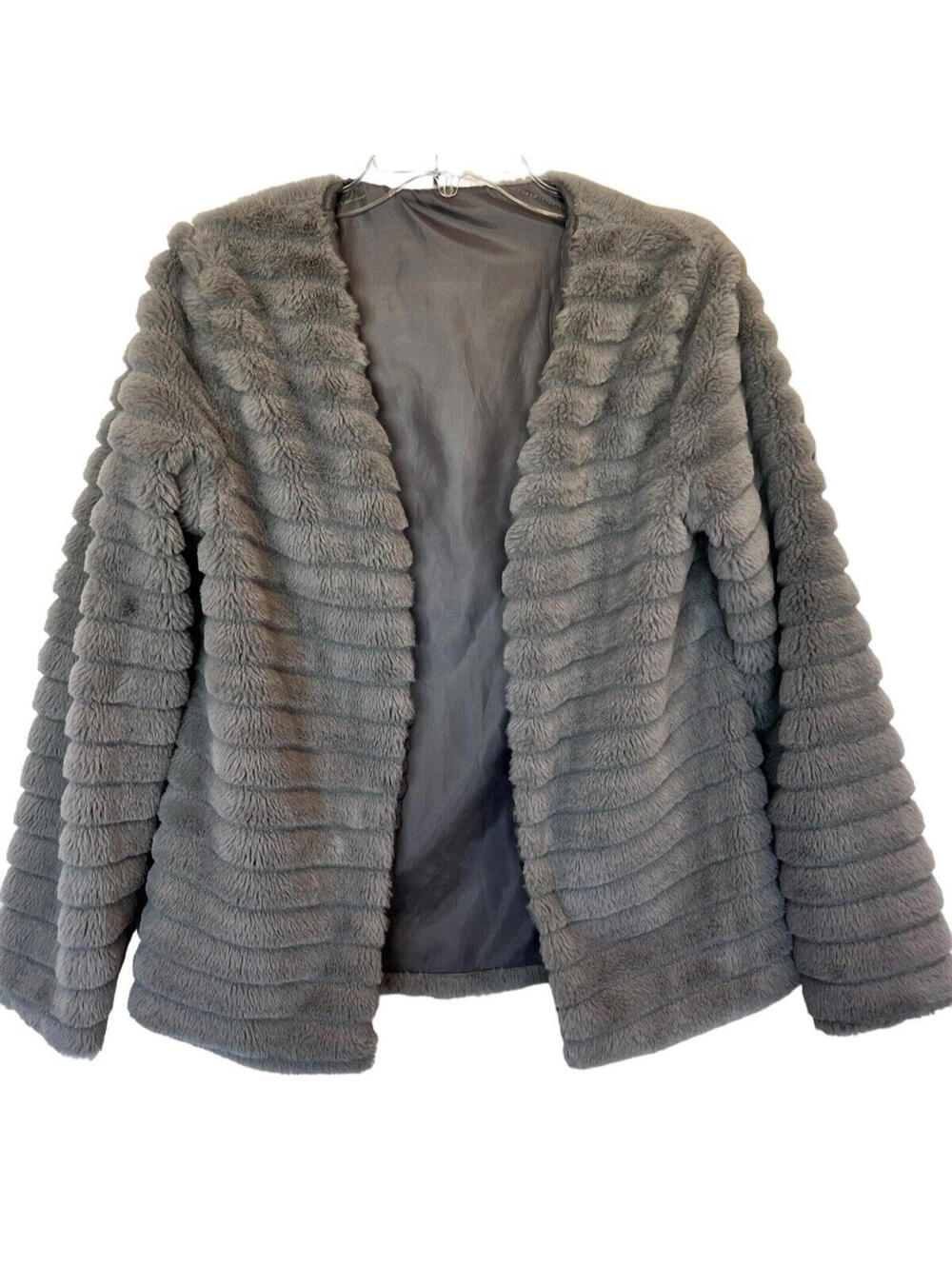 Teddy Faux Fur Grey Short Rib Jacket Size Small Cardigan 1682.2